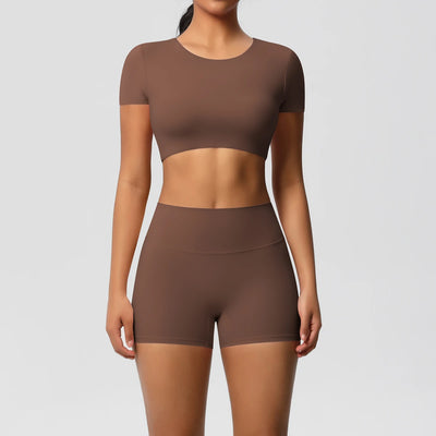 2-Piece Yoga Sportswear Set Gym Top and High Wast Shorts