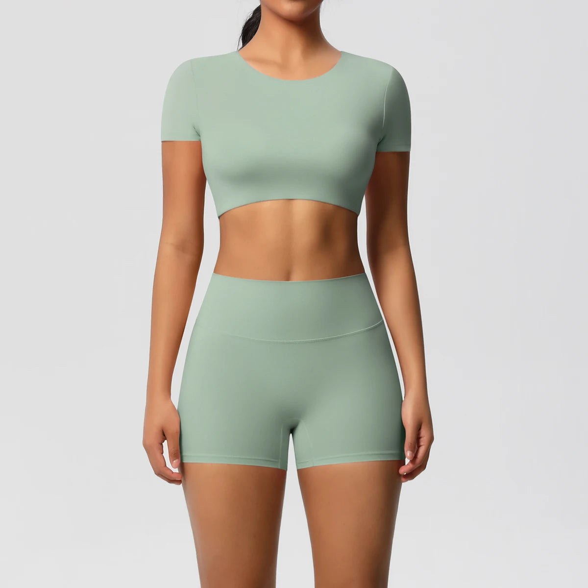 2-Piece Yoga Sportswear Set Gym Top and High Wast Shorts