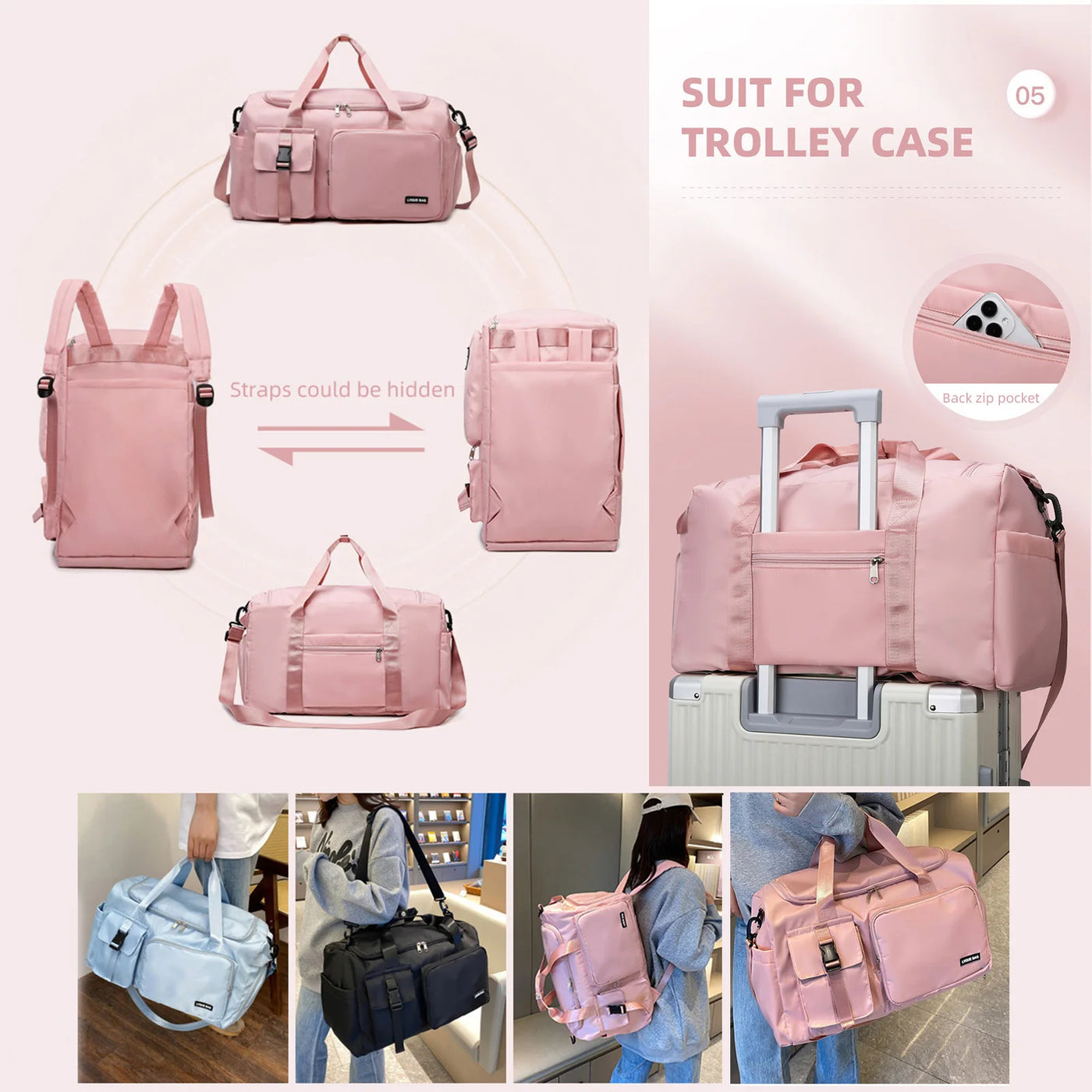 1.	pink waterproof gym bag with shoe compartment for women
2.	girly fitness duffel bag that converts to backpack
3.	cute dry wet separation gym bag for women
4.	women’s convertible workout backpack with wet pocket
5.	stylish gym bag with backpack straps for girls
6.	multi-functional fitness bag for women with dry wet pockets
7.	travel-friendly waterproof gym bag for ladies
8.	backpack duffel bag for gym and swimming women
9.	lightweight workout bag for women with wet compartment
10.	feminine convertible gym
