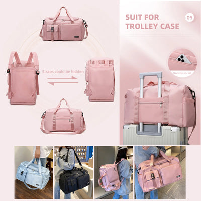 1.	pink waterproof gym bag with shoe compartment for women
2.	girly fitness duffel bag that converts to backpack
3.	cute dry wet separation gym bag for women
4.	women’s convertible workout backpack with wet pocket
5.	stylish gym bag with backpack straps for girls
6.	multi-functional fitness bag for women with dry wet pockets
7.	travel-friendly waterproof gym bag for ladies
8.	backpack duffel bag for gym and swimming women
9.	lightweight workout bag for women with wet compartment
10.	feminine convertible gym