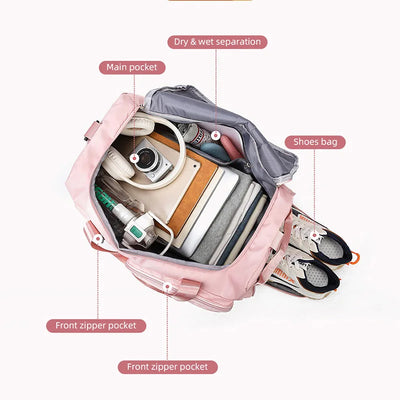 1.	pink waterproof gym bag with shoe compartment for women
2.	girly fitness duffel bag that converts to backpack
3.	cute dry wet separation gym bag for women
4.	women’s convertible workout backpack with wet pocket
5.	stylish gym bag with backpack straps for girls
6.	multi-functional fitness bag for women with dry wet pockets
7.	travel-friendly waterproof gym bag for ladies
8.	backpack duffel bag for gym and swimming women
9.	lightweight workout bag for women with wet compartment
10.	feminine convertible gym