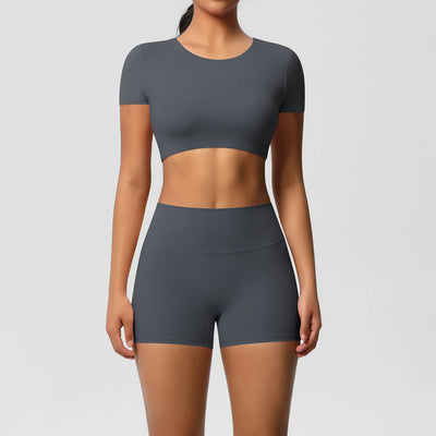 2-Piece Yoga Sportswear Set Gym Top and High Wast Shorts