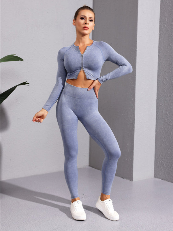 Multi-Color Fitness Long Sleeve Zipper Jacket & Leggings Set