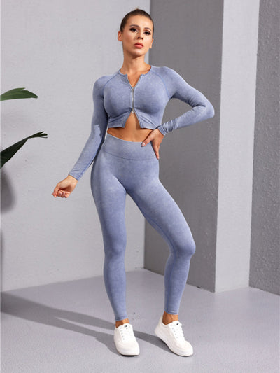 Multi-Color Fitness Long Sleeve Zipper Jacket & Leggings Set