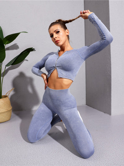 Multi-Color Fitness Long Sleeve Zipper Jacket & Leggings Set