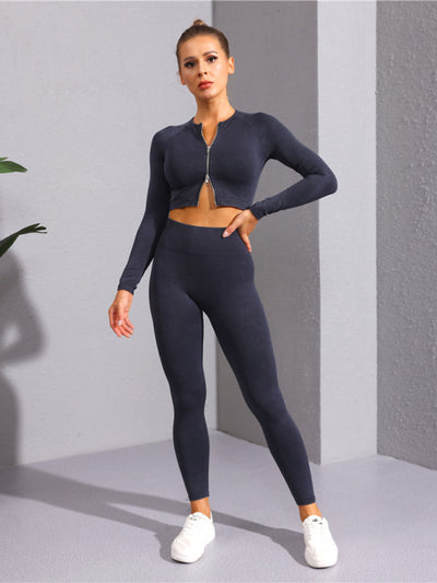 Multi-Color Fitness Long Sleeve Zipper Jacket & Leggings Set