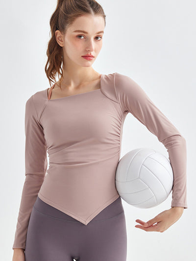 Square Collar Hem Sports Long Sleeve Quick Drying Top