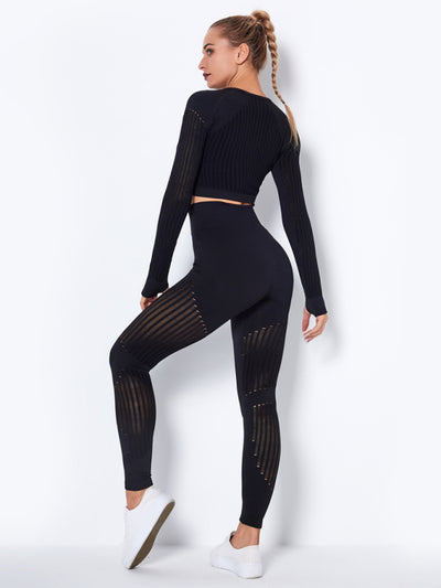 Seamless Striped Long Sleeve Top & Pants Quick-Drying Yoga Set