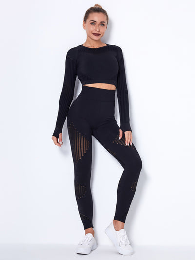 Seamless Striped Long Sleeve Top & Pants Quick-Drying Yoga Set