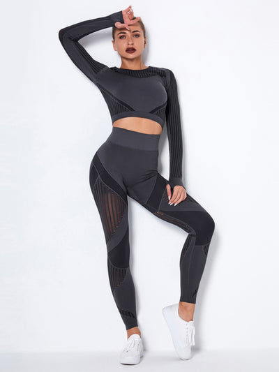 Seamless Striped Long Sleeve Top & Pants Quick-Drying Yoga Set