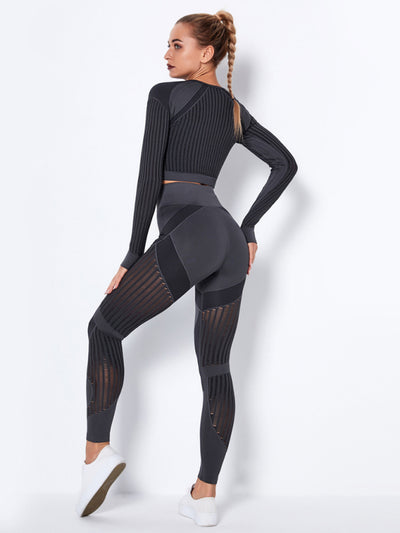 Seamless Striped Long Sleeve Top & Pants Quick-Drying Yoga Set