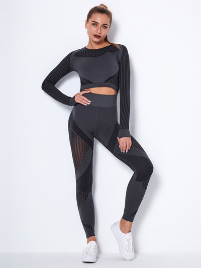 Seamless Striped Long Sleeve Top & Pants Quick-Drying Yoga Set
