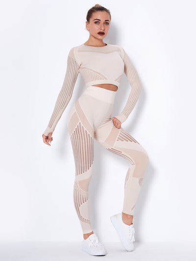 Seamless Striped Long Sleeve Top & Pants Quick-Drying Yoga Set