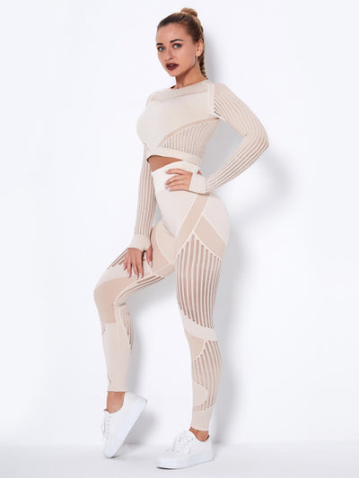 Seamless Striped Long Sleeve Top & Pants Quick-Drying Yoga Set