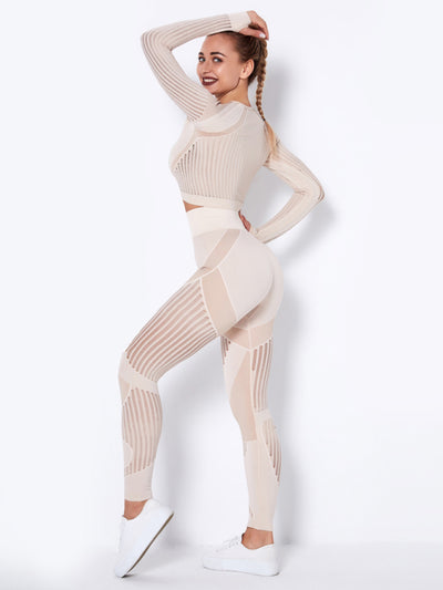Seamless Striped Long Sleeve Top & Pants Quick-Drying Yoga Set