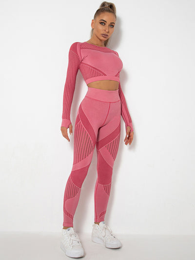 Seamless Striped Long Sleeve Top & Pants Quick-Drying Yoga Set