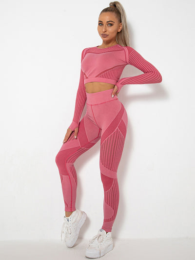 Seamless Striped Long Sleeve Top & Pants Quick-Drying Yoga Set