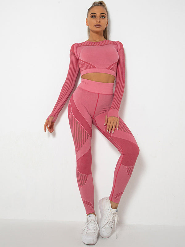 Seamless Striped Long Sleeve Top & Pants Quick-Drying Yoga Set