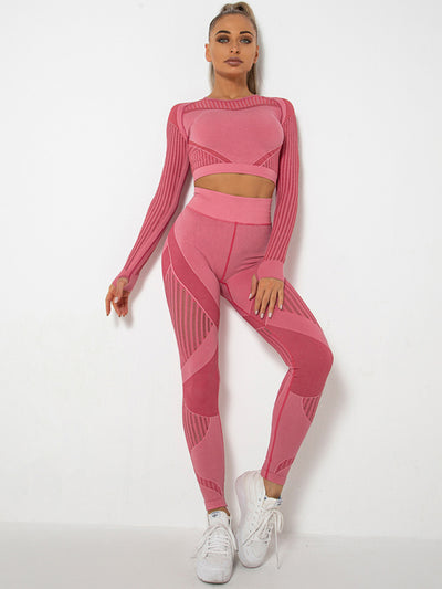 Seamless Striped Long Sleeve Top & Pants Quick-Drying Yoga Set
