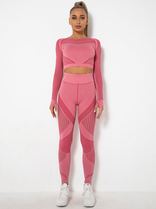 Seamless Striped Long Sleeve Top & Pants Quick-Drying Yoga Set