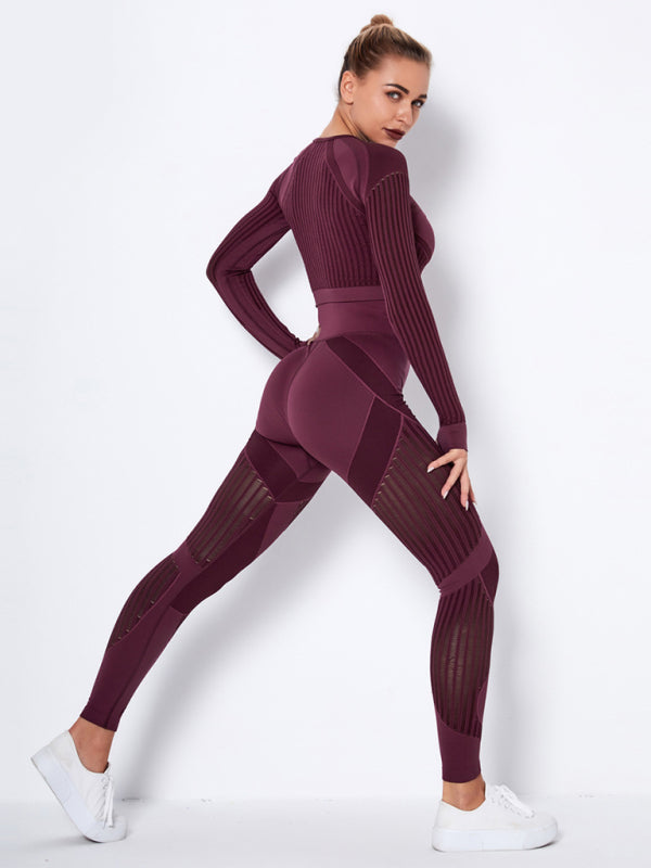 Seamless Striped Long Sleeve Top & Pants Quick-Drying Yoga Set