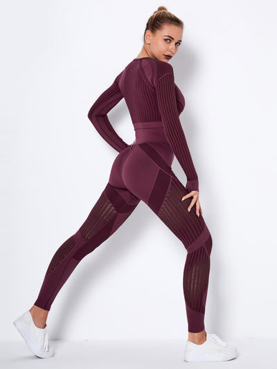 Seamless Striped Long Sleeve Top & Pants Quick-Drying Yoga Set