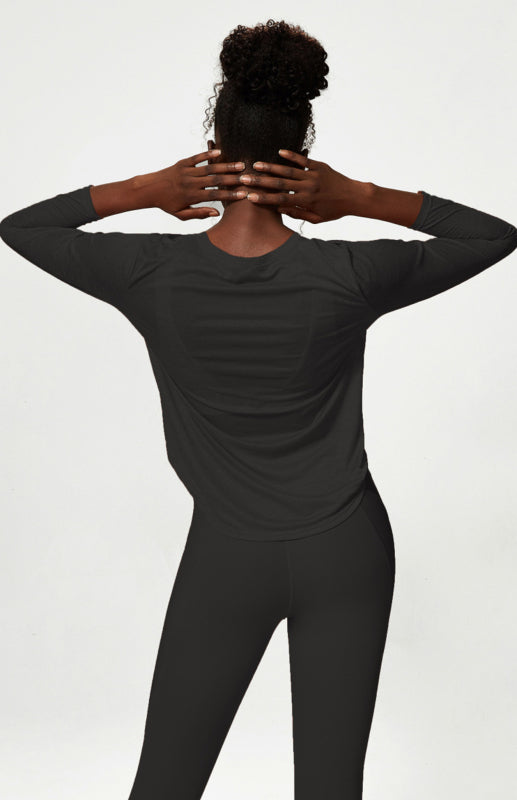 Round Neck Curved Hem Long Sleeve Sports Top Quick Dry Breathable