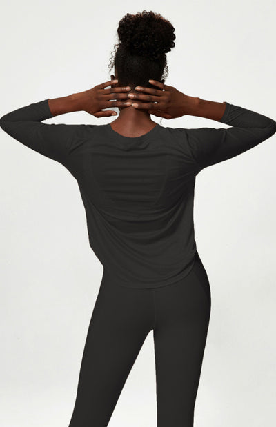 Round Neck Curved Hem Long Sleeve Sports Top Quick Dry Breathable