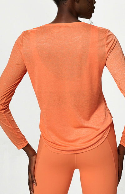 Round Neck Curved Hem Long Sleeve Sports Top Quick Dry Breathable