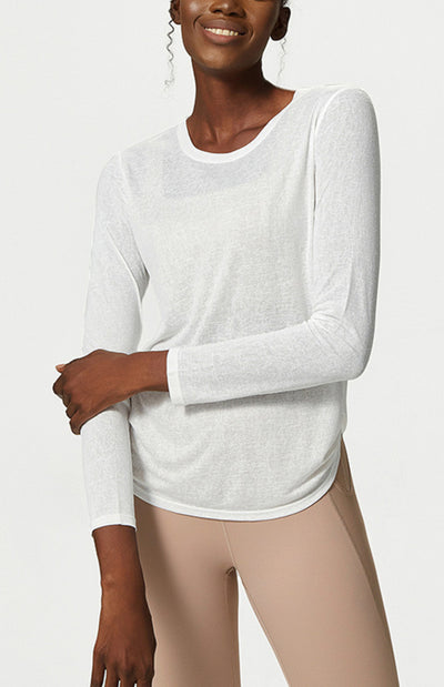 Round Neck Curved Hem Long Sleeve Sports Top Quick Dry Breathable