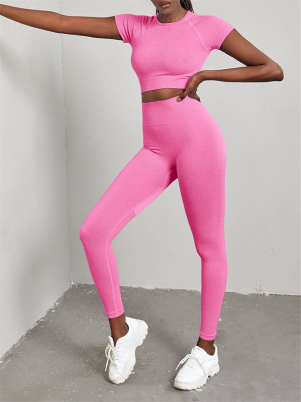 Solid Color Seamless Exercise Yoga Short Sleeve + Pants Two-Piece Suit