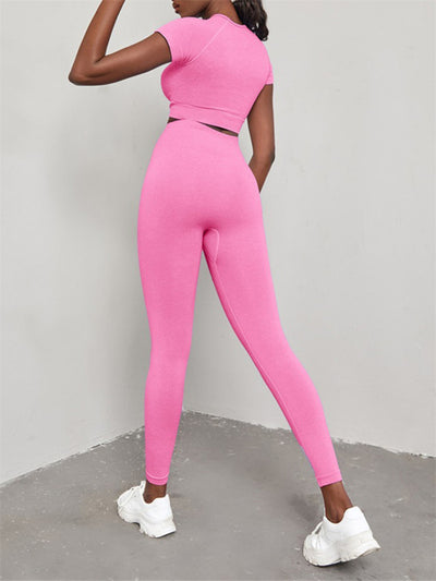 Solid Color Seamless Exercise Yoga Short Sleeve + Pants Two-Piece Suit