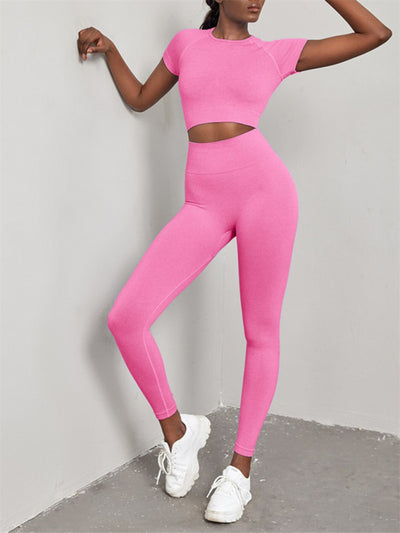 Solid Color Seamless Exercise Yoga Short Sleeve + Pants Two-Piece Suit